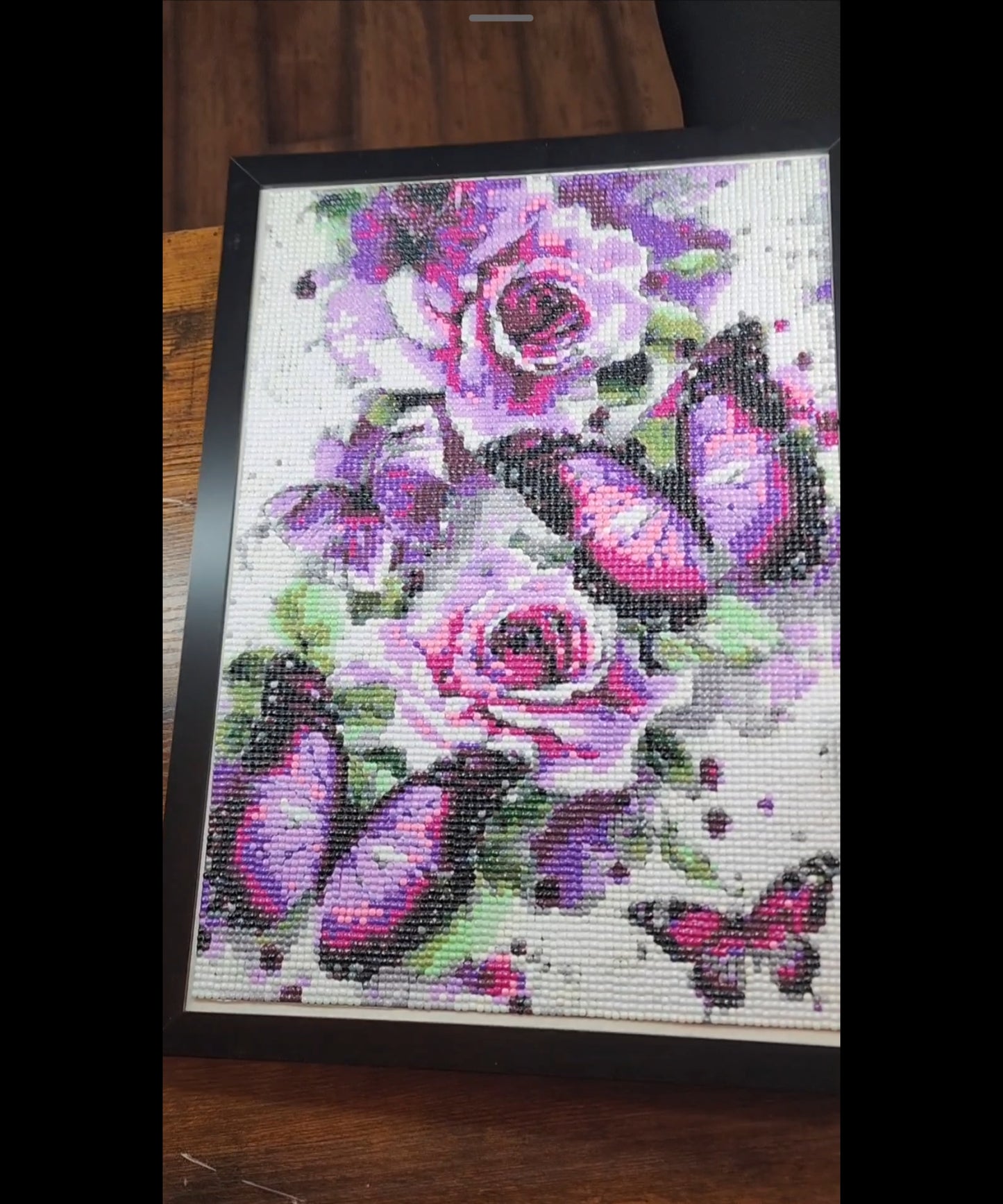 Sparkly Diamond Painting – Pink & Purple Roses with Butterflies | Framed Wall Art | 10x14" Black Frame